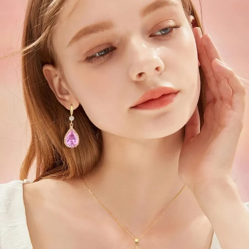 14K Yellow Gold with Pink Sapphire Cubic Zirconia Teardrop Hook Dangle Earrings
